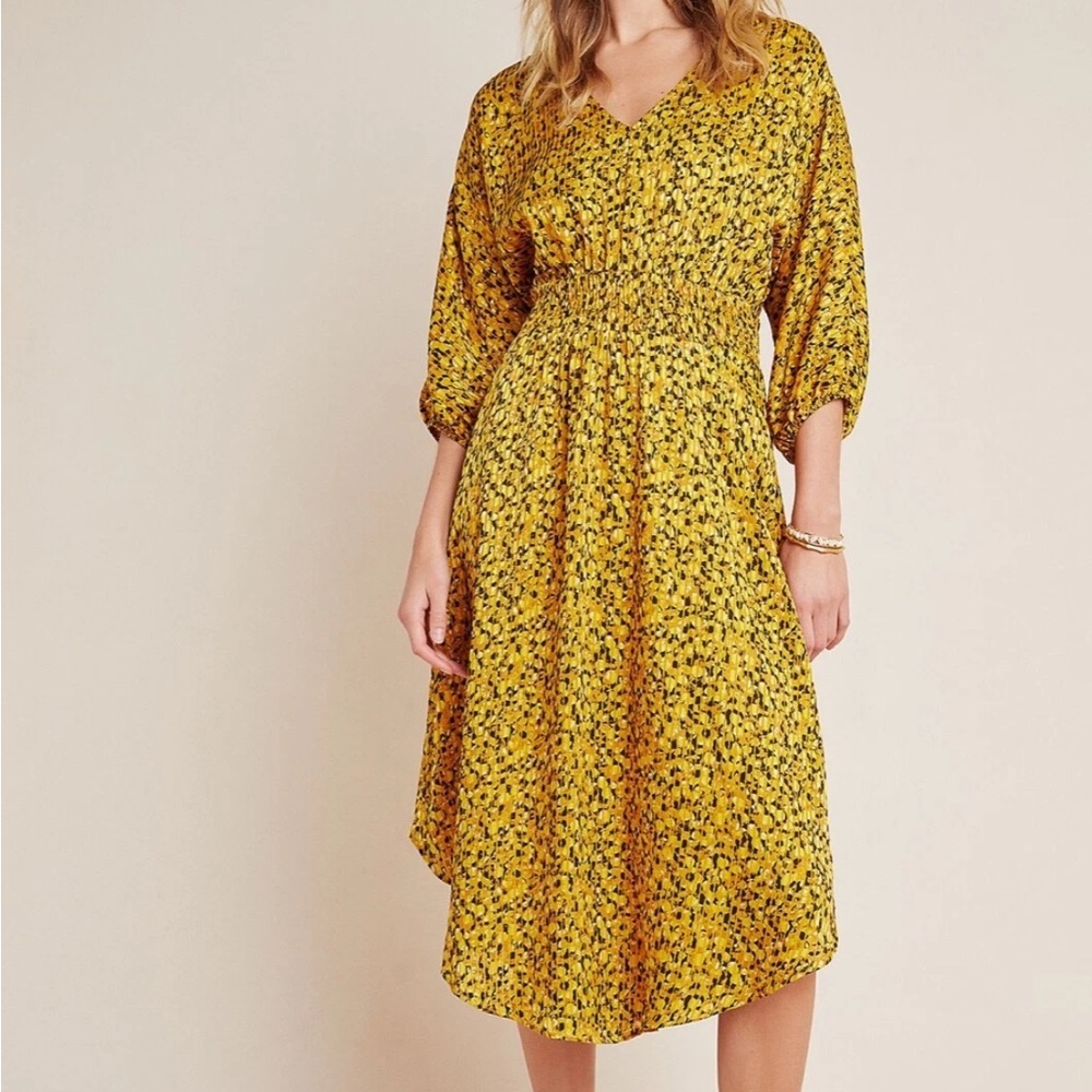 Anthropologie Marigold Midi Dress Floral Yellow Puff Sleeve Smocked Sz Xl